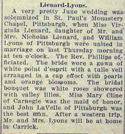 Marriage notice for William LYONS to Virginia LIENARD, Thursday, 28 Jun 1928