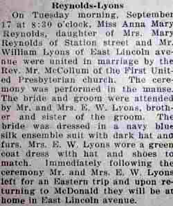 Marriage Notice for William LYONS to Anna Mary Reynolds, 17 Sep 1929