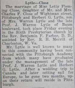 Marriage Notice for Herbert G. LYTLE to Letty Fleming Close, no date, in 6-29-1922 paper