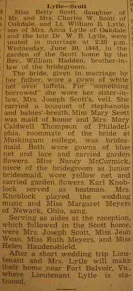 Marriage Notice for William B. LYTLE to Betty Scott, 30 Jun 1943