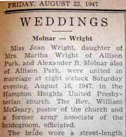 Part 1 Marriage Notice for Alexander B. MOLNAR to Joan Wright, 16 Aug 1947