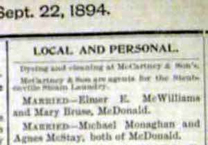 Marriage Notice for Michael MONAGHAN to Agnes McStay, no date, in 9-22-1894 paper