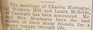 Marriage Notice for Charles MONTAGUE to Laura McBRIDE, March 25 1920