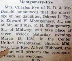 Marriage Notice for Edward H. MONTGOMERY, Jr. to Odessa Lois Fye, 18 Mar 1939