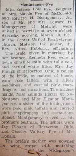 Part 1 Marriage Notice for Edward H. MONTGOMERY, Jr. to Odessa Lois Fye, 18 Mar 1939