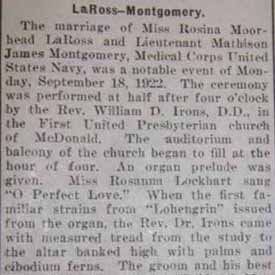Part 1 Marriage Notice for James Mathison MONTGOMERY to Rosina Moorhead LaRoss, 18 Sep 1922