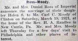 Marriage Notice for Carl C. MOODY to Helen S. Ross, 19 Mar 1921