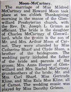 Marriage Notice for Howard MOON to Mildred McCartney, 29 Nov 1934
