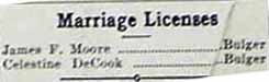 Notice of marriage License for James F. MOORE to Celestine DeCOOK, License, in 1-4-1924 paper