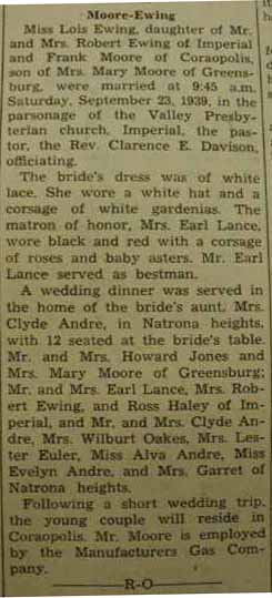Marriage notice for Frank MOORE to Lois Ewing, 23 Sep 1939