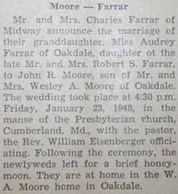 Marriage Notice for John R. MOORE to Audrey Farrar, 23 Jan 1948