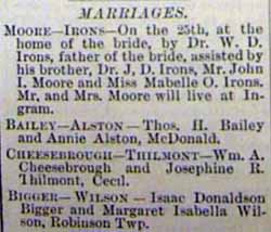Marriage Notice for John I. MOORE to Mabelle O. Irons, 25 Feb 1897
