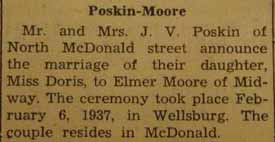 Marriage Notice for Elmer MOORE to Doris Poskin, 6 Feb 1937