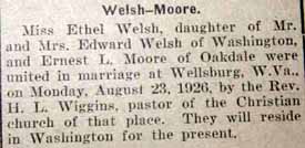Marriage Notice for Ernest L. MOORE to Ethel Welsh, 23 Aug 1926