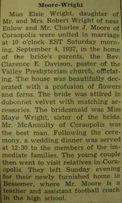 Marriage notice for 
Charles J. MOORE to Elsie Wright, 4 Sep 1937