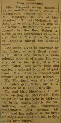 Marriage Notice for Mel MOORHEAD, Jr. to Margaret Auten, 11 Jul 1942