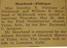 Marriage Notice for William B. MOORHEAD to Dorothy V. Pittinger, 25 May 1944