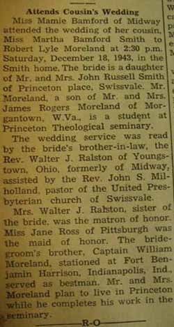 Marriage notice for Robert Lyle MORELAND to Martha Bamford Smith, 18 Dec 1943