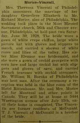 Marriage Notice for Richard MORICE to Genevieve Elizabeth Vincenti, 20 Jun 1928