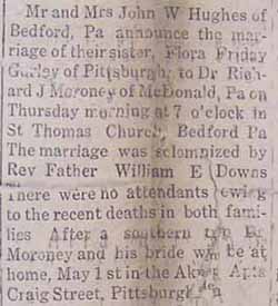 Marriage Notice for Dr. Riehard J. MORONEY to Flora Friday GURLEY, Thursday, Feb. no date, 1914, in 2-21-1914 newspaper