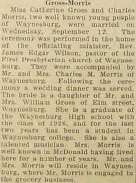 Marriage Notice for Charles MORRIS to Catherine Gross, 12 Sep 1928