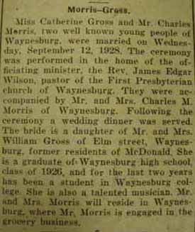 Marriage Notice for Charles MORRIS to Catherine Gross, 12 Sep 1928