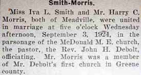 Marriage Notice for Harry C. MORRIS to Iva L. Smith, 3 Sep 1924