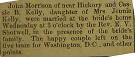 Marriage Notice for John MORRISON to Cassie B. Kelly, no date, in 10-16-1914 paper