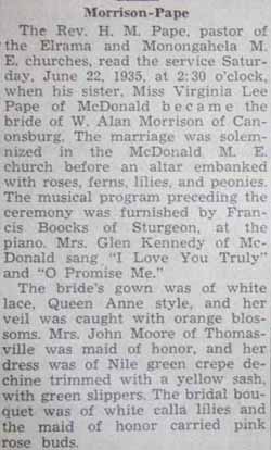 Part 1 Marriage Notice for W. Alan MORRISON to Virginia Lee Pape, 22 Jun 1935