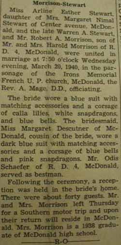 Marriage Notice for Robert A. MORRISON to Arline Esther Stewart, 29 Mar 1940