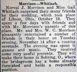 Marriage Notice for Norval J. MORRISON to Gail Whitlach, 18 Oct 1922