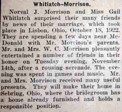 Marriage Notice for Norval J. MORRISON to Gail Whitlach, 18 Oct 1922