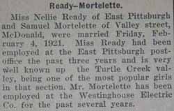 Marriage Notice for Samuel MORTELETTE to Nellie Ready, 4 Feb 1921