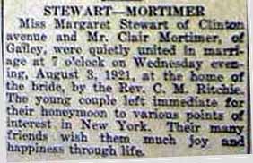 Marriage Notice for Clair MORTIMER to Margaret Stewart, 3 Aug 1921