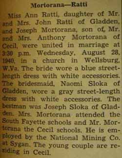 Marriage Notice for Joseph MORTORANA to Ann Ratti, 28 Aug 1940