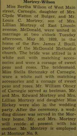 Marriage Notice for Louis C. MORTREY to Bertha Wilson, 30 May 1939