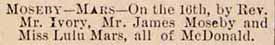 Marriage Notice for James MOSEBY to Lulu Mars, 16 Mar 1893