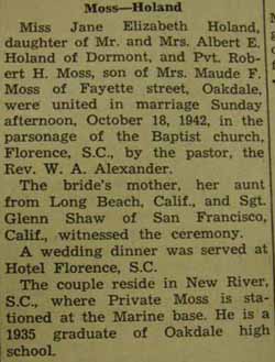 Marriage Notice for Robert H. MOSS to Jane Elizabeth Holand, 18 Oct 1942