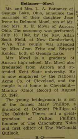 Marriage Notice for Delmont MOWL to Jean Irene Bottamer, 18 Jul 1942