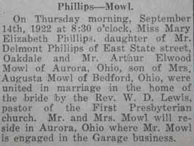 Marriage Notice for Arthur Elwood MOWL to Mary Elizabeth Phillips, 14 Sep 1922