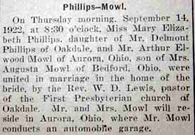 Marriage Notice for Arthur Elwood MOWL to Mary Elizabeth Phillips, 14 Sep 1922