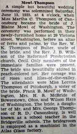 Marriage Notice for J. Blaine MOWL to Martha C. Thompson, 15 Jun 1935