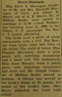 Marriage Notice for Albert R. MOYER to Edith E. Montagna, 21 Jun 1939