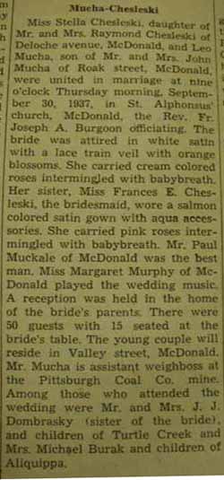 Marriage Notice for Leo MUCHA to Stella Chesleski, 30 Sep 1937