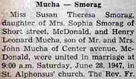 Part 1 Marriage Notice for Henry Leonard MUCHA to Susan Theresa Smorag, 28 Jun 1947