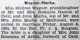 Marriage Notice for John MUCHA to Mildred Wagner, 4 Aug 1934