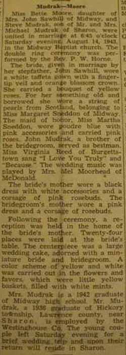 Marriage Notice for Steve MUDRAK to Bette Moore, 14 Aug 1943