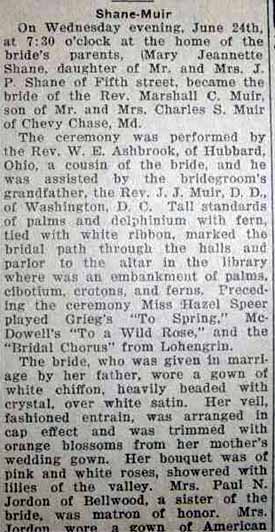 Part 1 Marriage Notice for Marshall C. MUIR to Mary Jeannette Shane, 24 Jun 1925