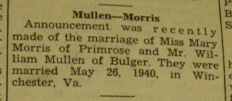Marriage Notice for William MULLEN to Mary Morris, 26 May 1940