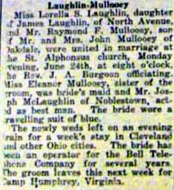 Marriage Notice for Raymond F. MULLOOEY to Lorella S. Laughlin, 14 Jun 1918